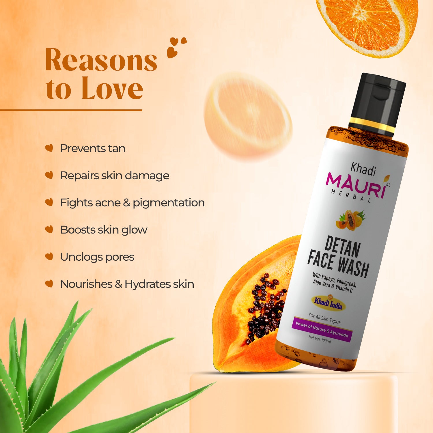 Khadi Mauri Herbal Detan Face Wash – Papaya, Aloe Vera & Vitamin C for Radiant Skin