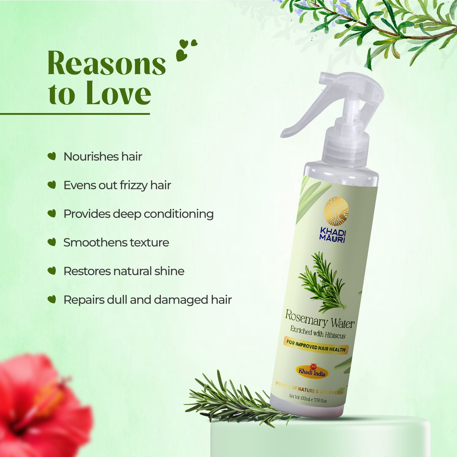 Khadi Mauri Rosemary & Hibiscus Hair Mist – Ayurvedic Tonic for Strong, Healthy Hair