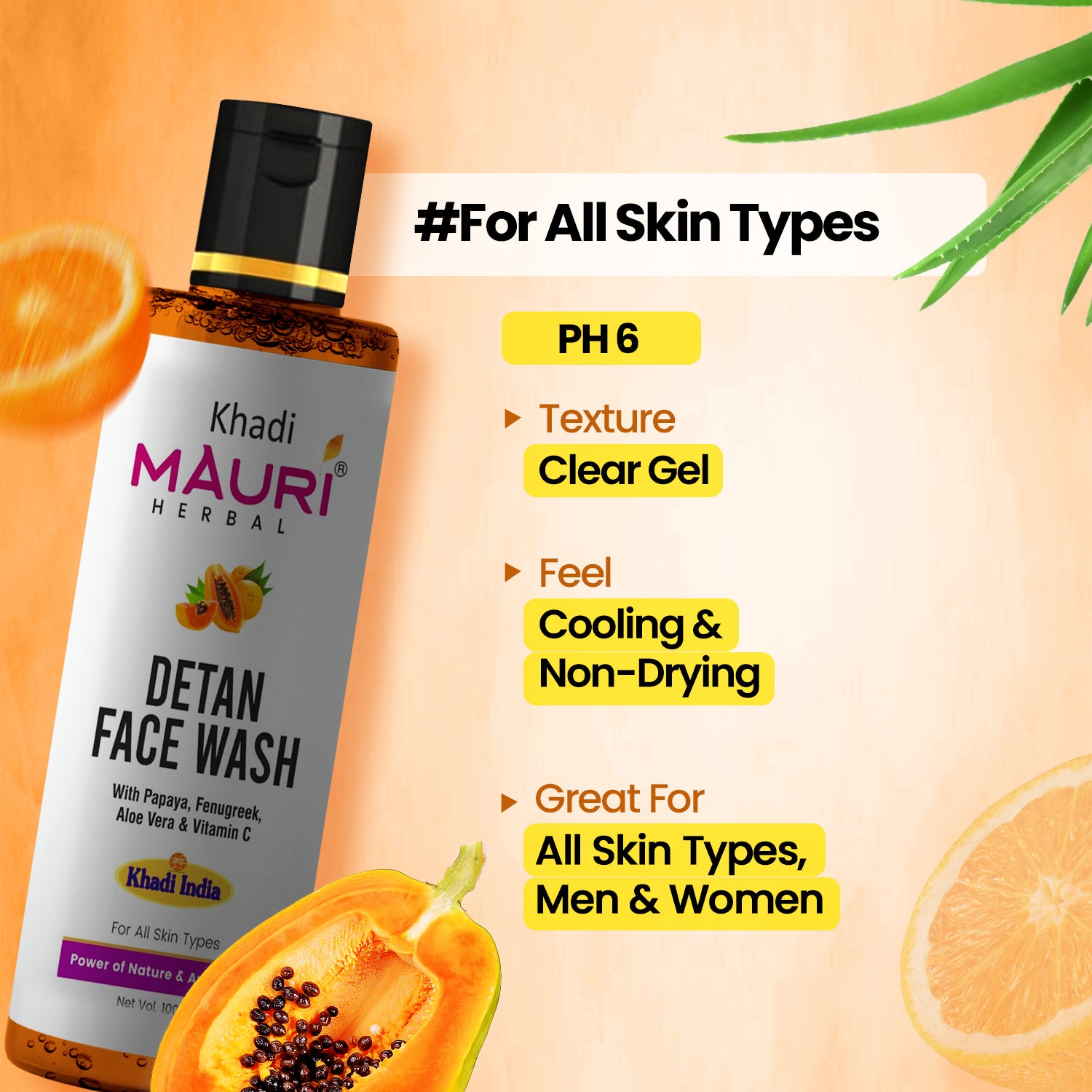 Khadi Mauri Herbal Detan Face Wash – Papaya, Aloe Vera & Vitamin C for Radiant Skin