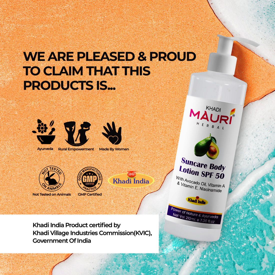 Khadi Mauri Herbal Suncare Body Lotion SPF 50 – Avocado, Vitamin E & Niacinamide