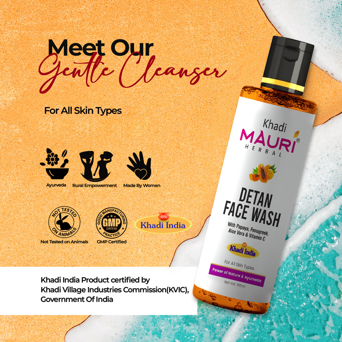 Khadi Mauri Herbal Detan Face Wash – Papaya, Aloe Vera & Vitamin C for Radiant Skin