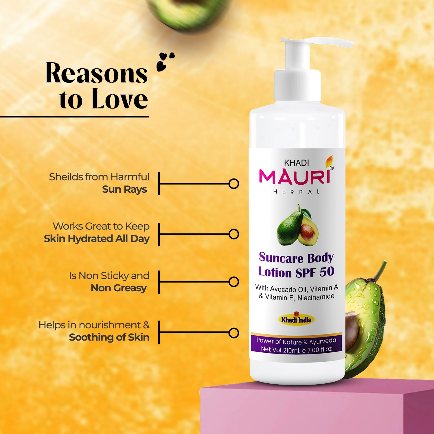 Khadi Mauri Herbal Suncare Body Lotion SPF 50 – Avocado, Vitamin E & Niacinamide