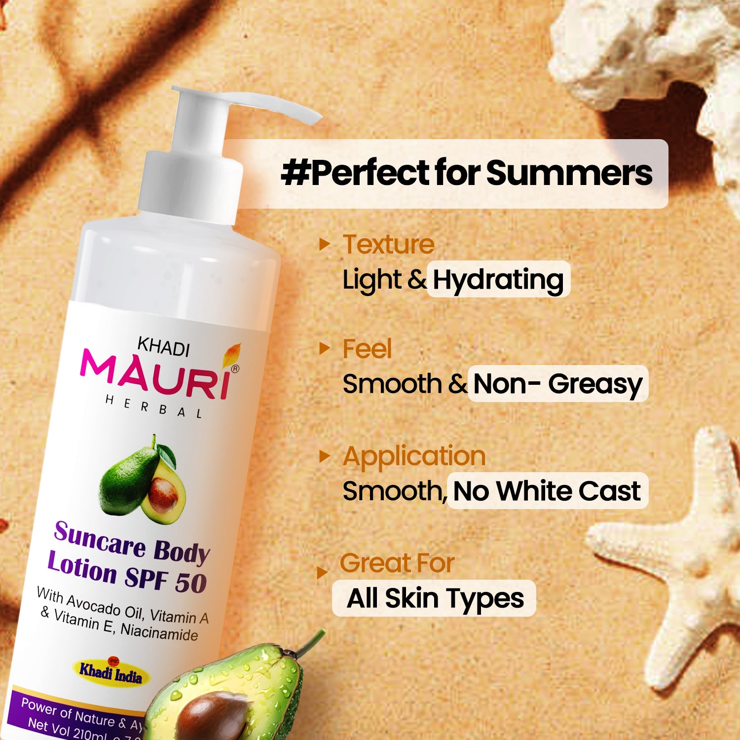 Khadi Mauri Herbal Suncare Body Lotion SPF 50 – Avocado, Vitamin E & Niacinamide
