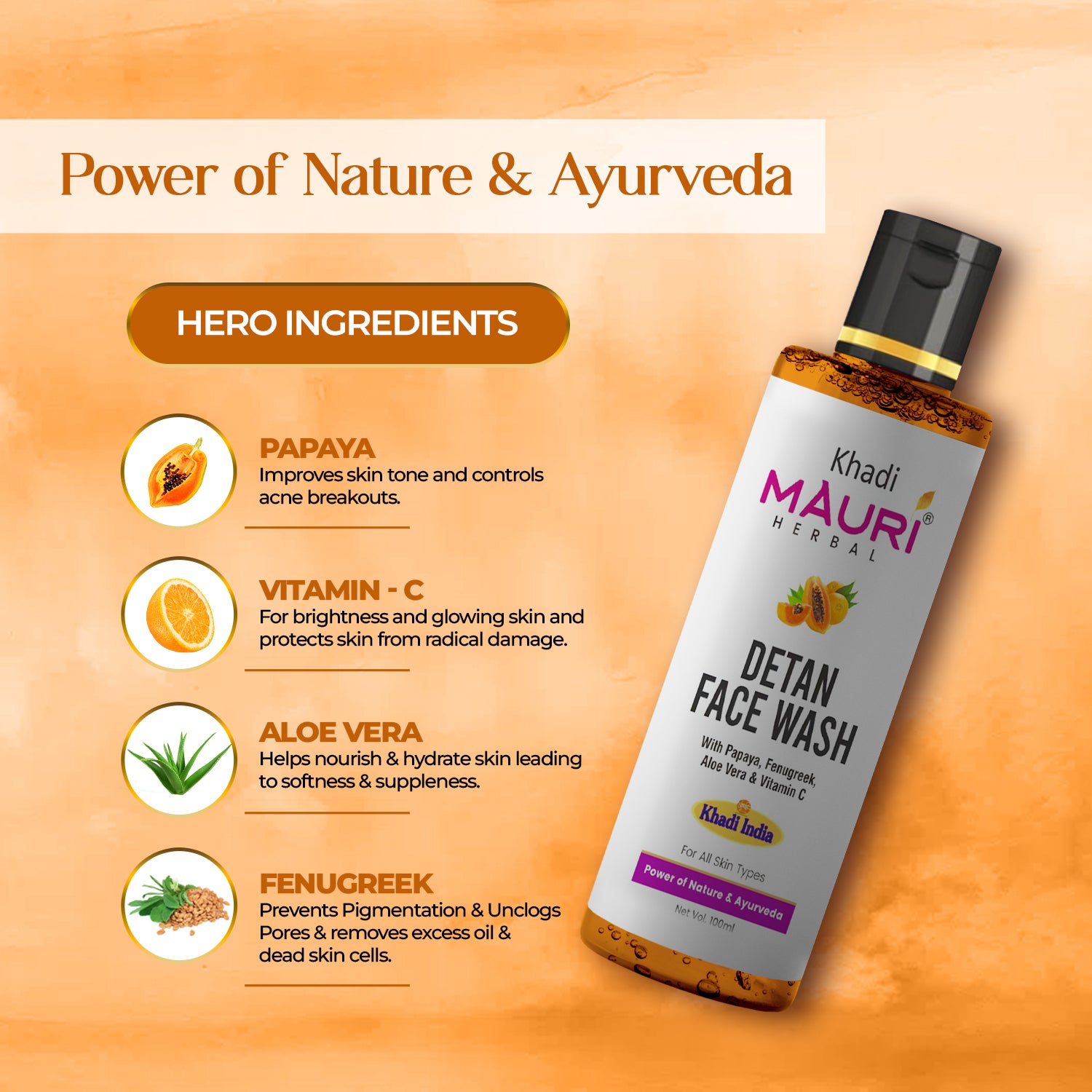 Khadi Mauri Herbal Detan Face Wash – Papaya, Aloe Vera & Vitamin C for Radiant Skin