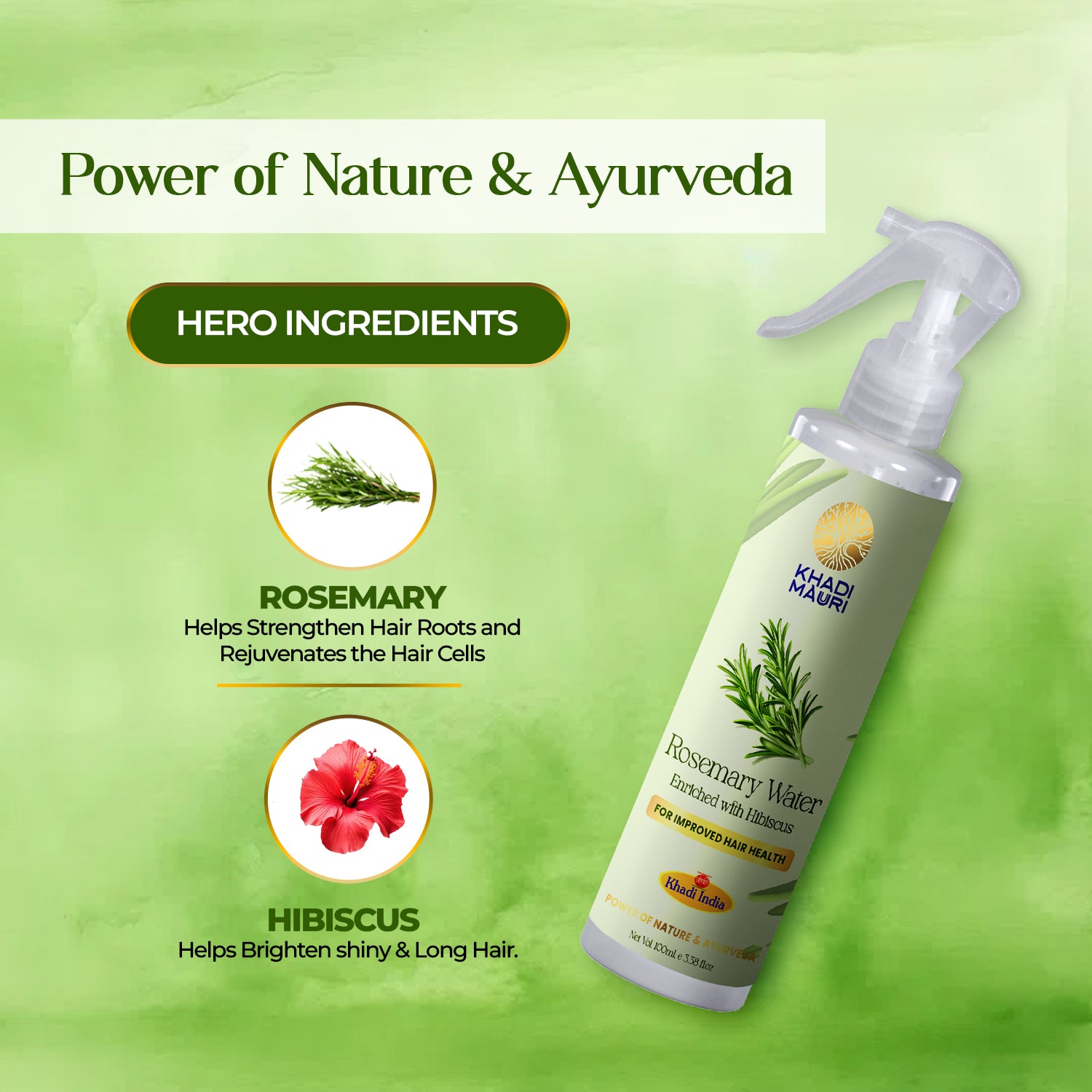 Khadi Mauri Rosemary & Hibiscus Hair Mist – Ayurvedic Tonic for Strong, Healthy Hair