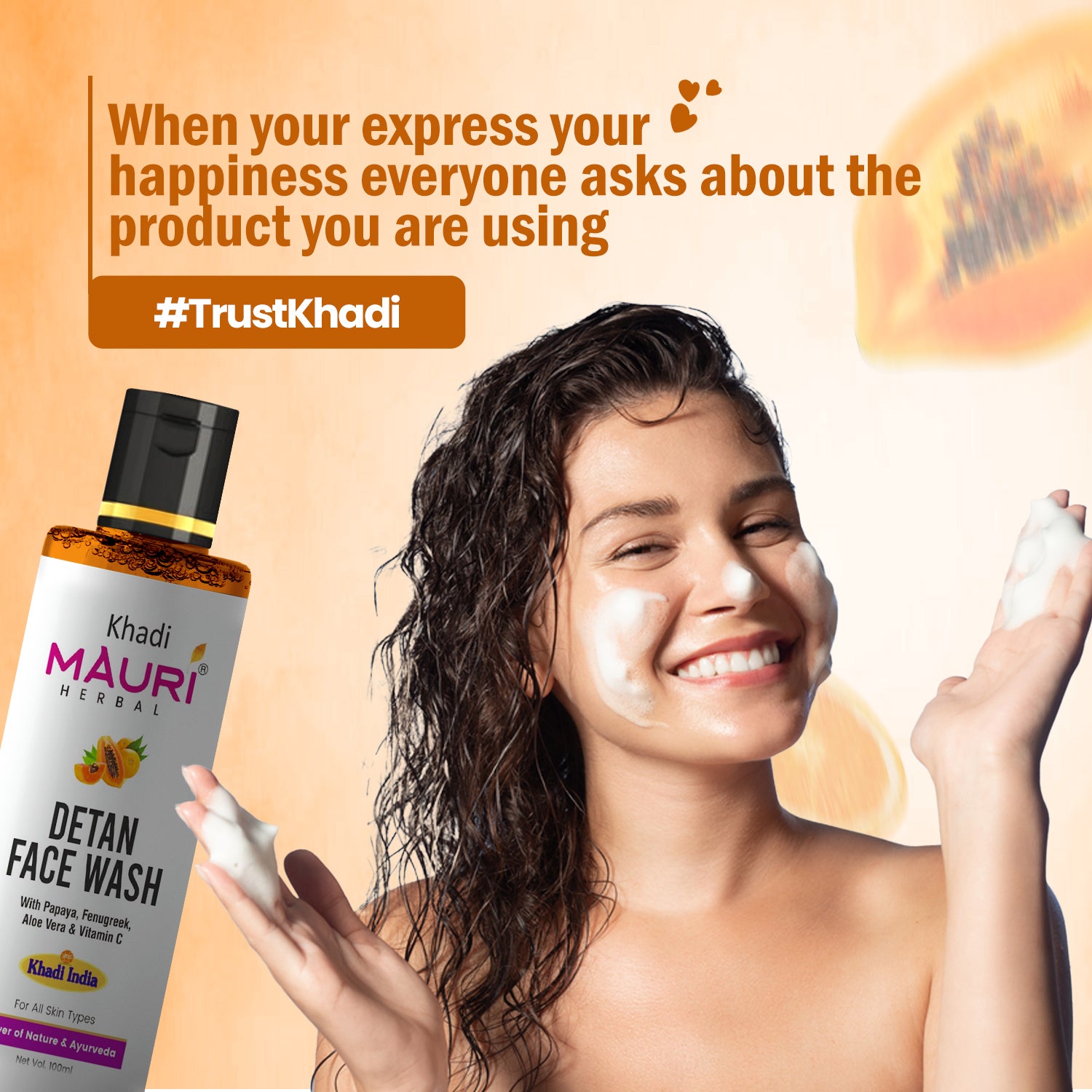 Khadi Mauri Herbal Detan Face Wash – Papaya, Aloe Vera & Vitamin C for Radiant Skin