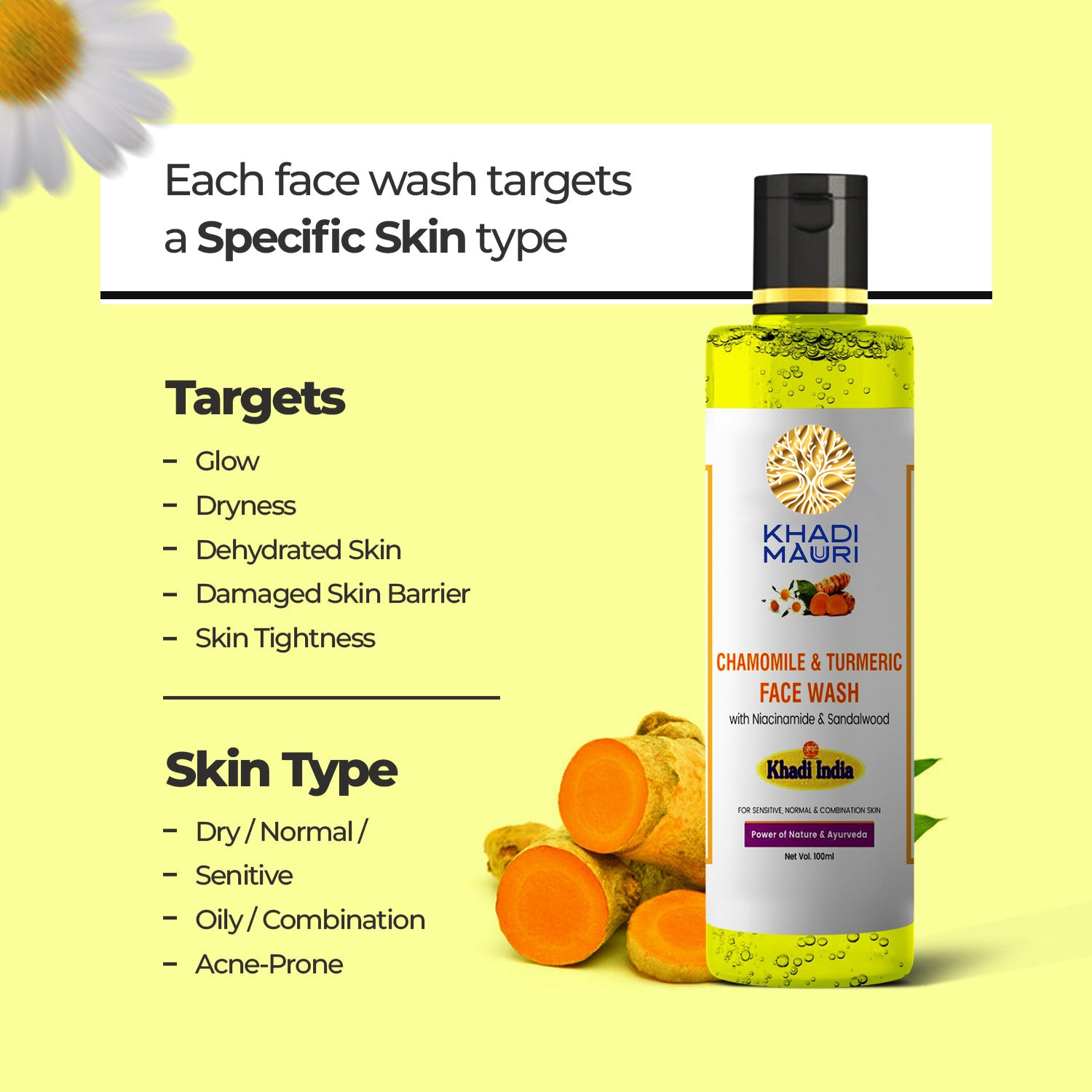 Khadi Mauri Chamomile & Turmeric Face Wash – Soothing Care with Niacinamide & Sandalwood