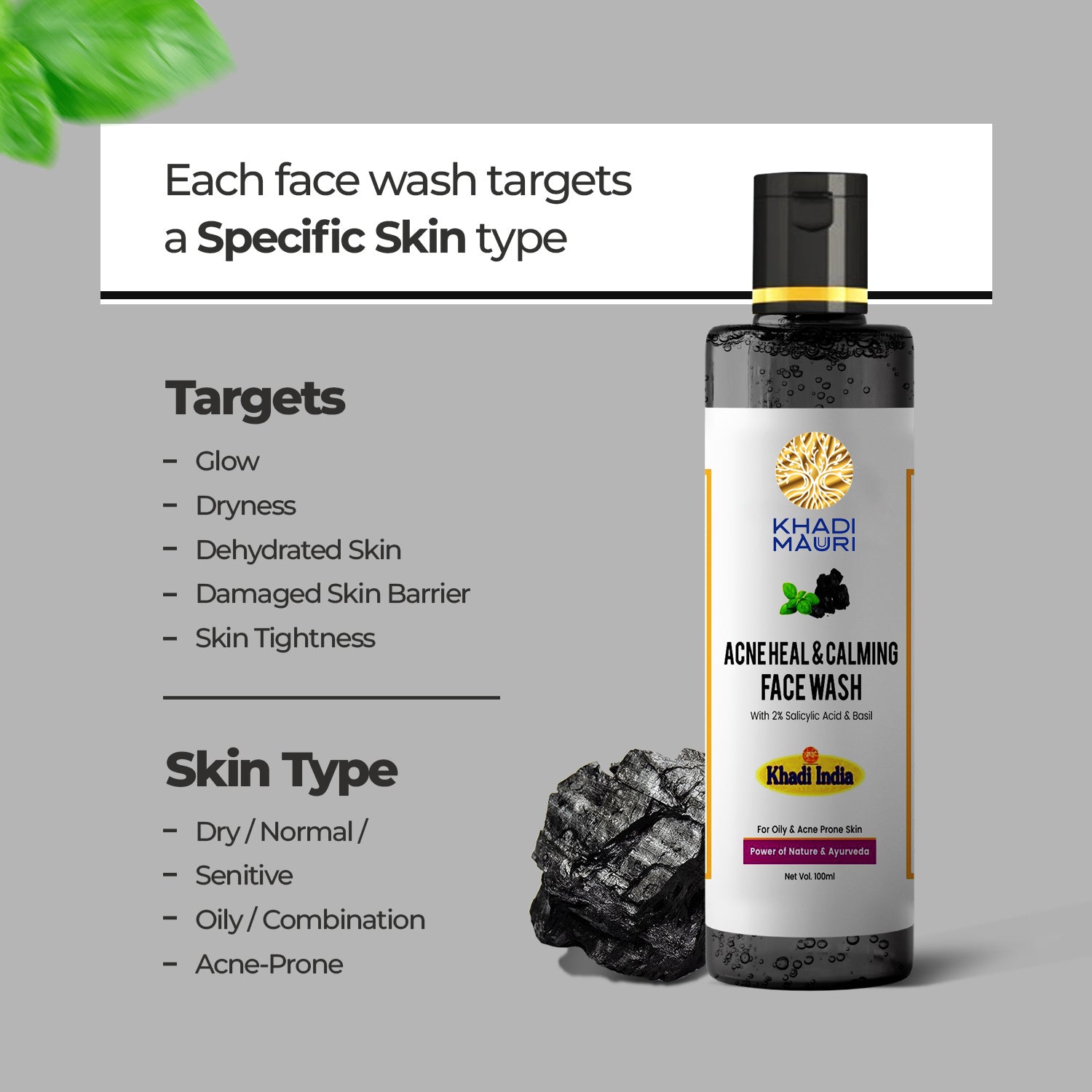 Khadi Mauri Acne Heal & Calming Face Wash – 2% Salicylic Acid, Basil & Charcoal