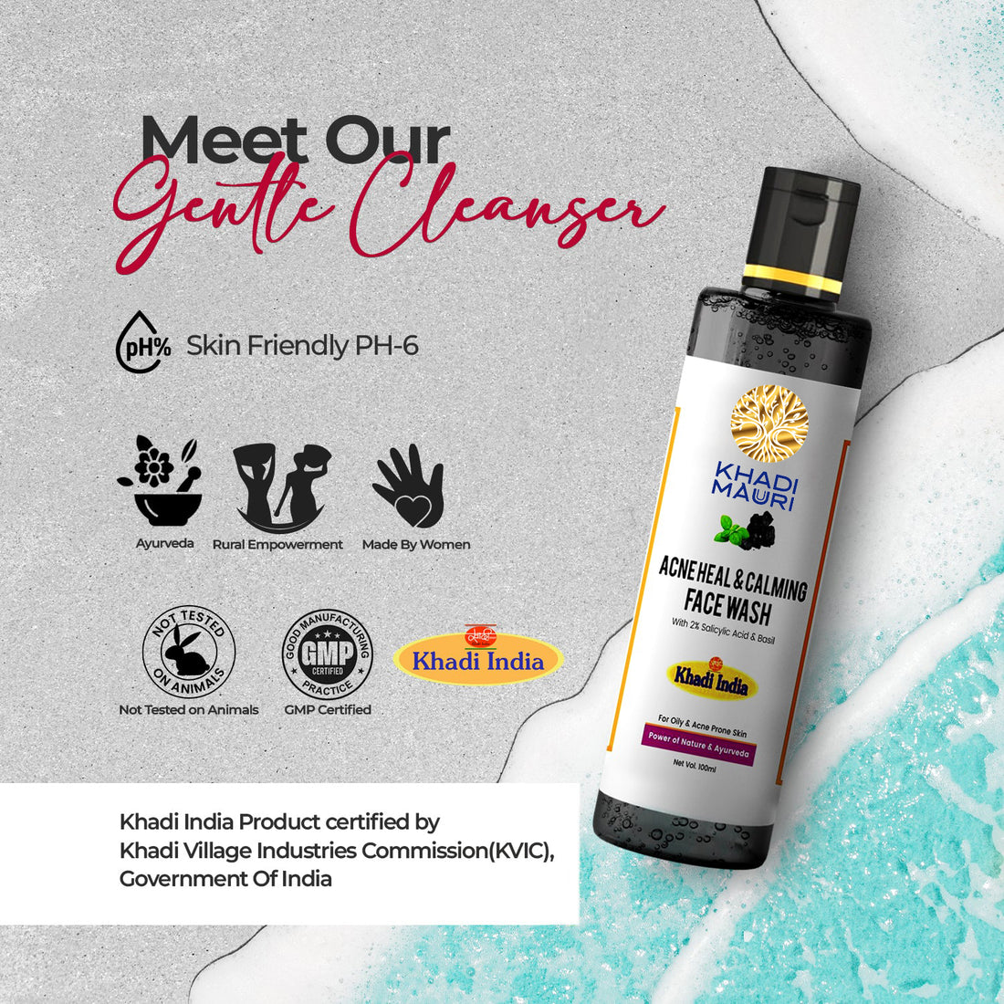 Khadi Mauri Acne Heal & Calming Face Wash – 2% Salicylic Acid, Basil & Charcoal