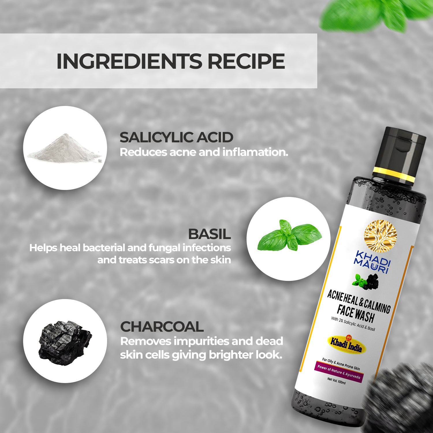Khadi Mauri Acne Heal & Calming Face Wash – 2% Salicylic Acid, Basil & Charcoal