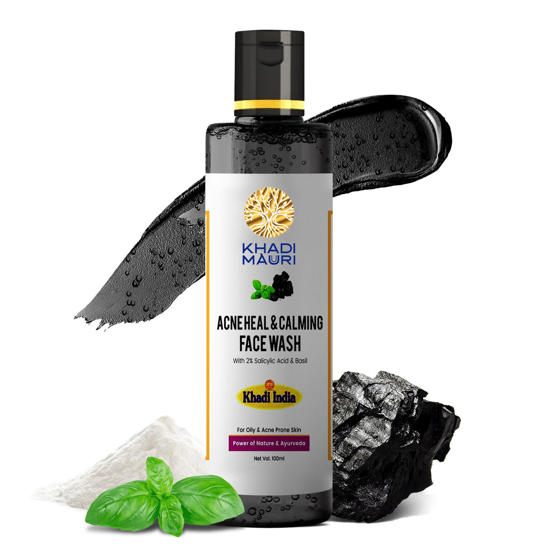 Khadi Mauri Acne Heal & Calming Face Wash – 2% Salicylic Acid, Basil & Charcoal - Khadi mauri - 