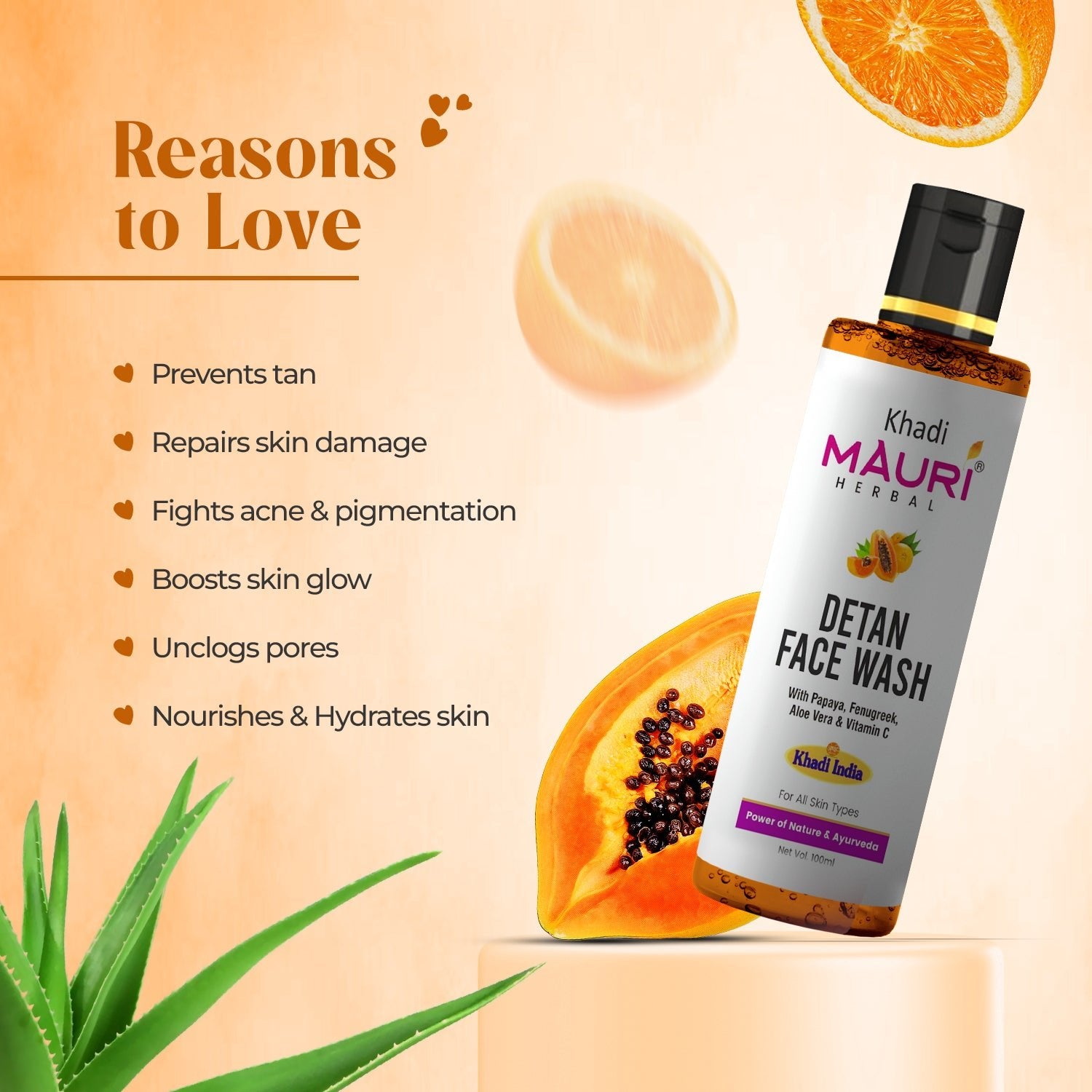 Khadi Mauri Herbal Detan Face Wash – Papaya, Aloe Vera & Vitamin C for Radiant Skin - Khadi mauri - 