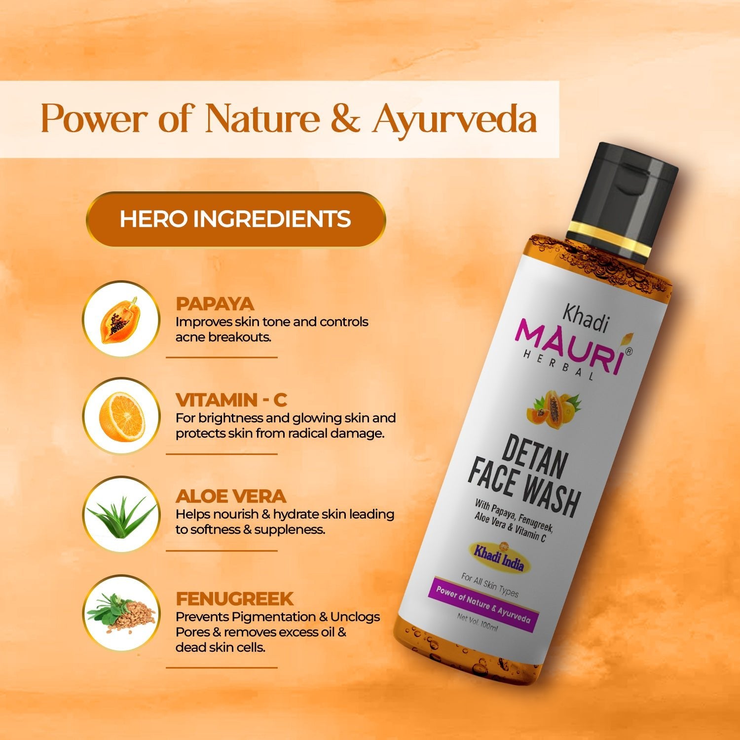 Khadi Mauri Herbal Detan Face Wash – Papaya, Aloe Vera & Vitamin C for Radiant Skin - Khadi mauri - 
