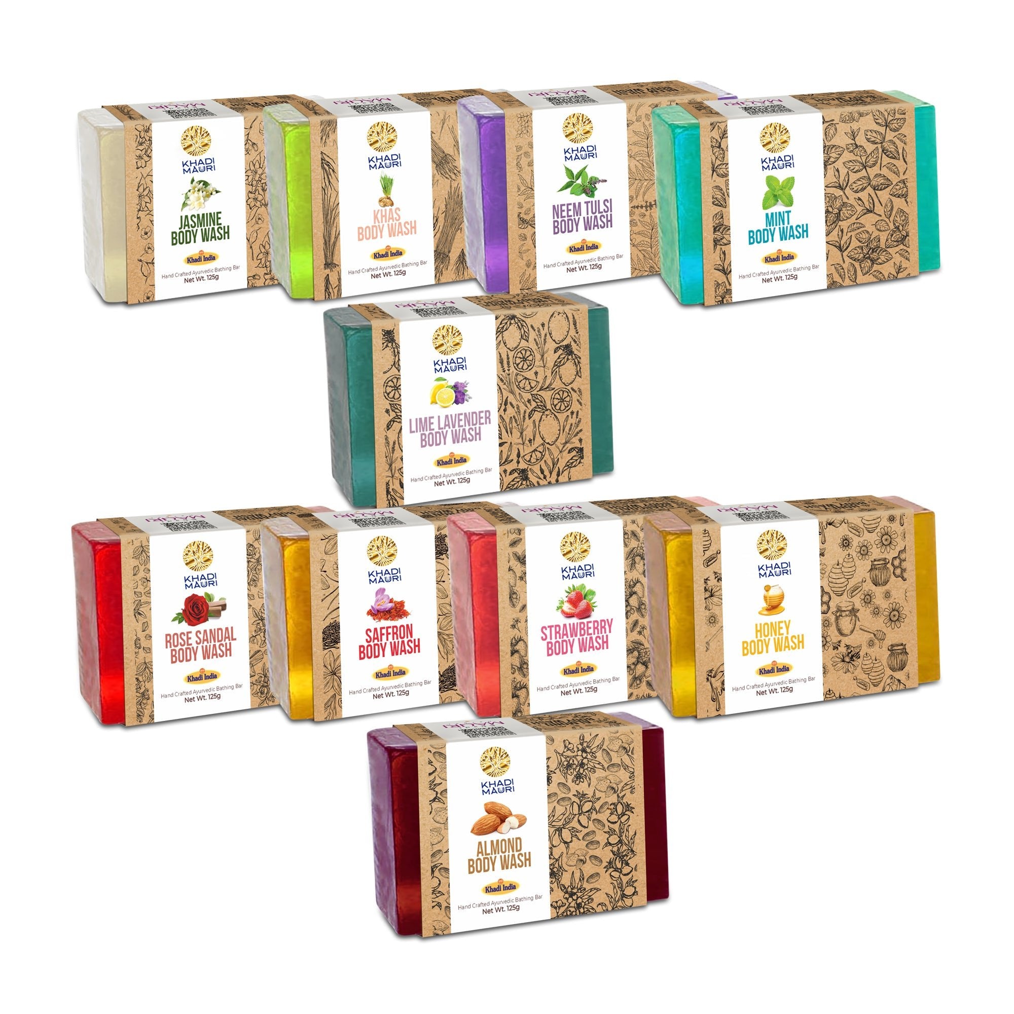 Khadi Mauuri Ayurvedic Body Wash Bars Assorted Soaps Pack of 10 125gm each - Khadi mauri -