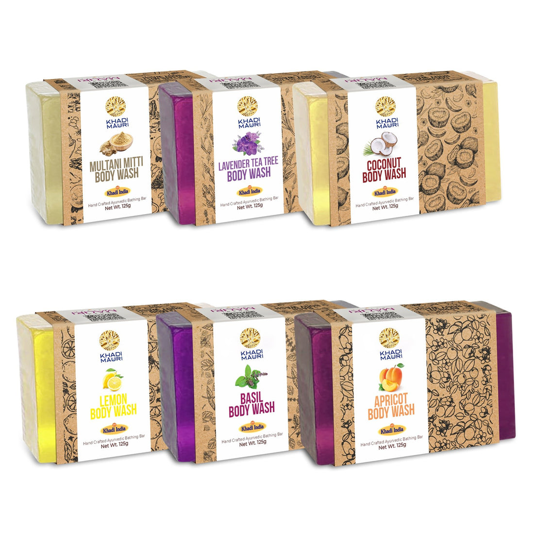 Khadi Mauuri Ayurvedic Body Wash Bars Assorted Soaps Pack of 6 125 gm each - Khadi mauri - 
