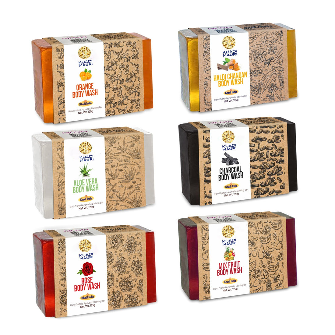 Khadi Mauuri Ayurvedic Body Wash Bars Assorted Soaps Pack of 6 125 gm each - Khadi mauri - 