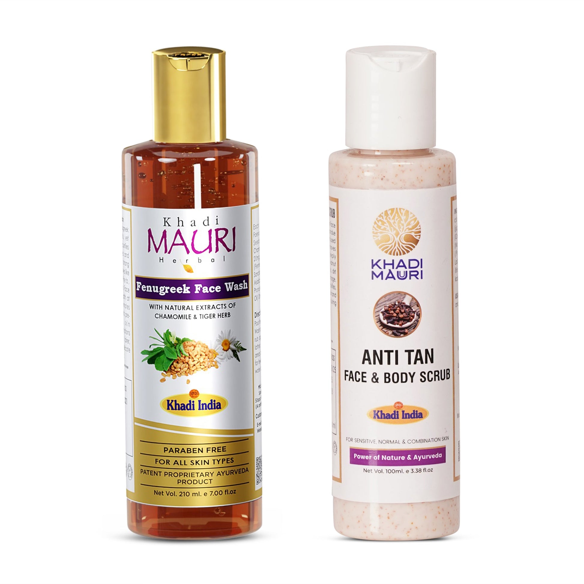 Khadi Mauuri Fenugreek Face Wash + Anti - Tan Face & Body Scrub Combo (100 ml Each) - Khadi mauri - 