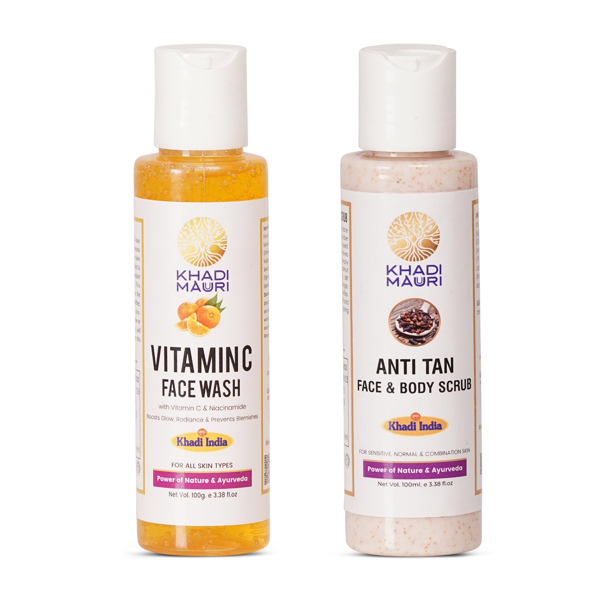 Khadi Mauuri Vitamin C Face Wash + Anti - Tan Face & Body Scrub Combo (100 ml Each) - Khadi mauri - 